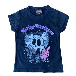 HARLEY DAVIDSON Winged Skull & Roses T-Shirt Girls 2 2T Black Tee Top Toddler